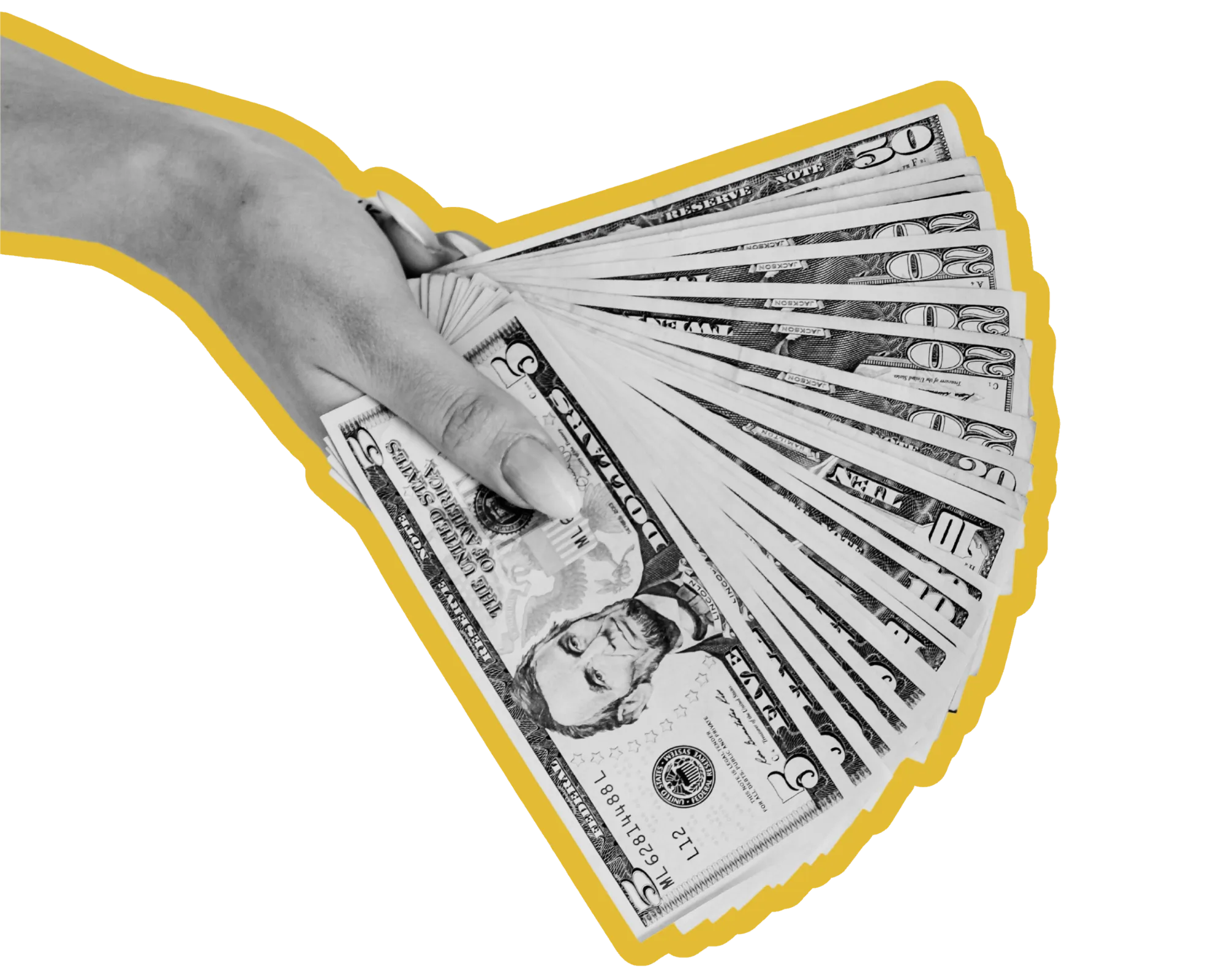 A hand holding a fan of cash